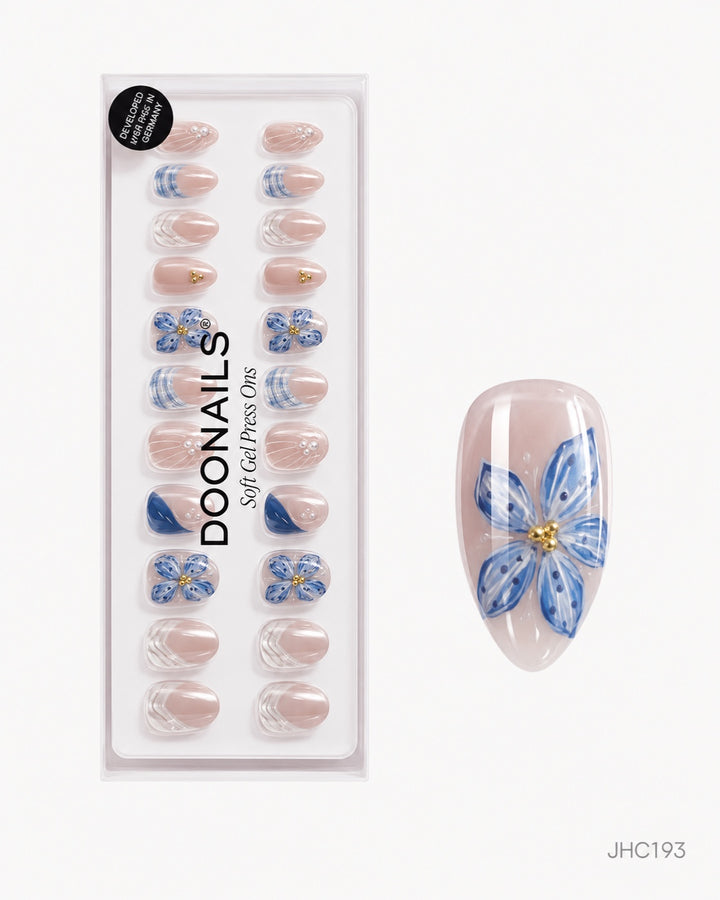 Blå blomster & snäckmönster – lång mandel – förpackning – JHC193