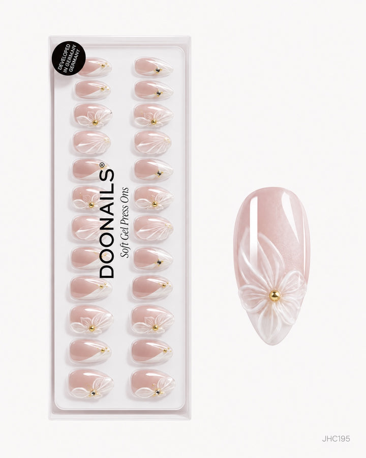 Vit blomster & pärlemor – lång mandel – förpackning – JHC195