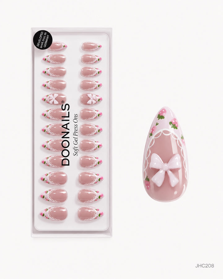 Blomster & vita rosetter – lång mandel – förpackning – JHC208