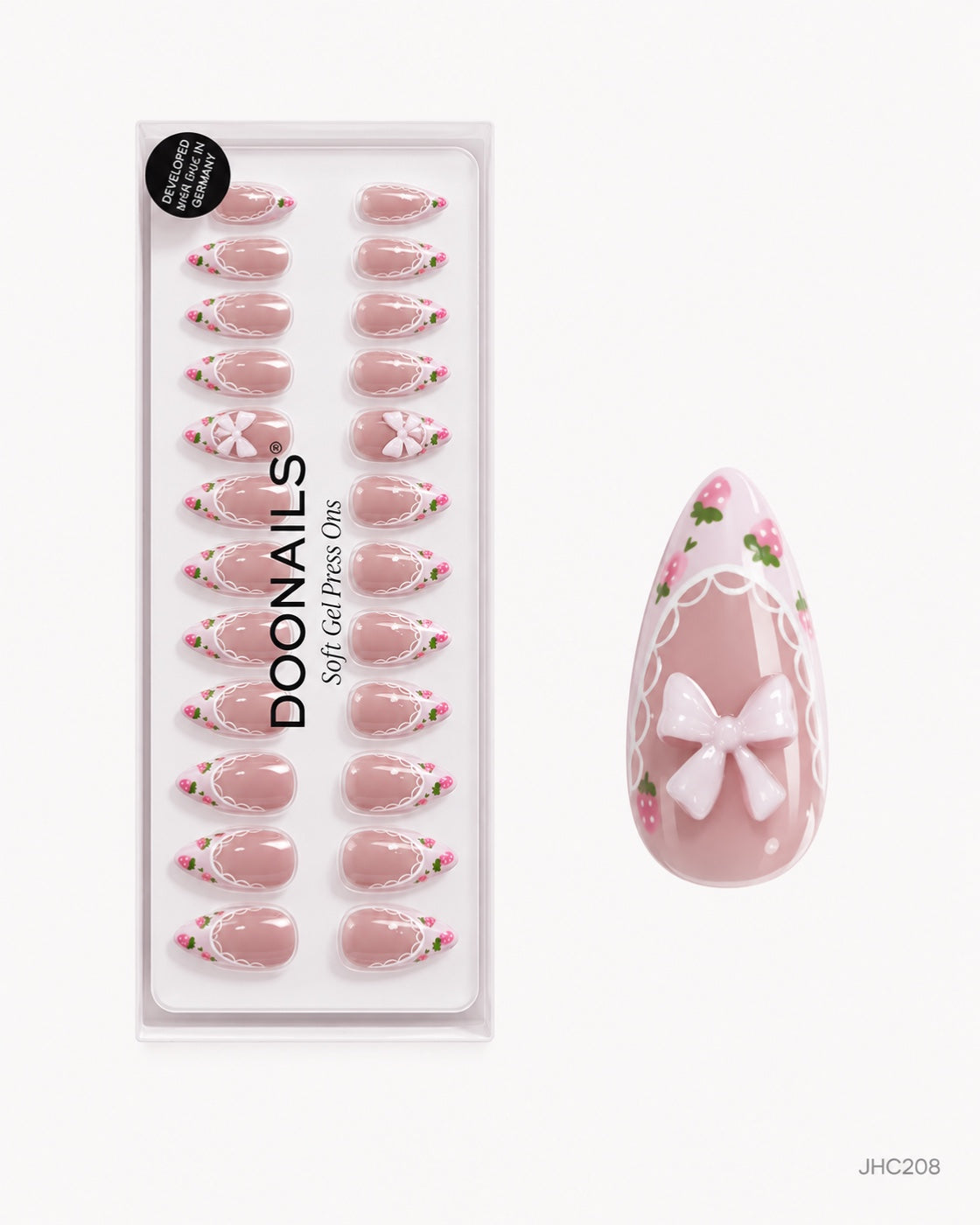 Blomster & vita rosetter – lång mandel – förpackning – JHC208