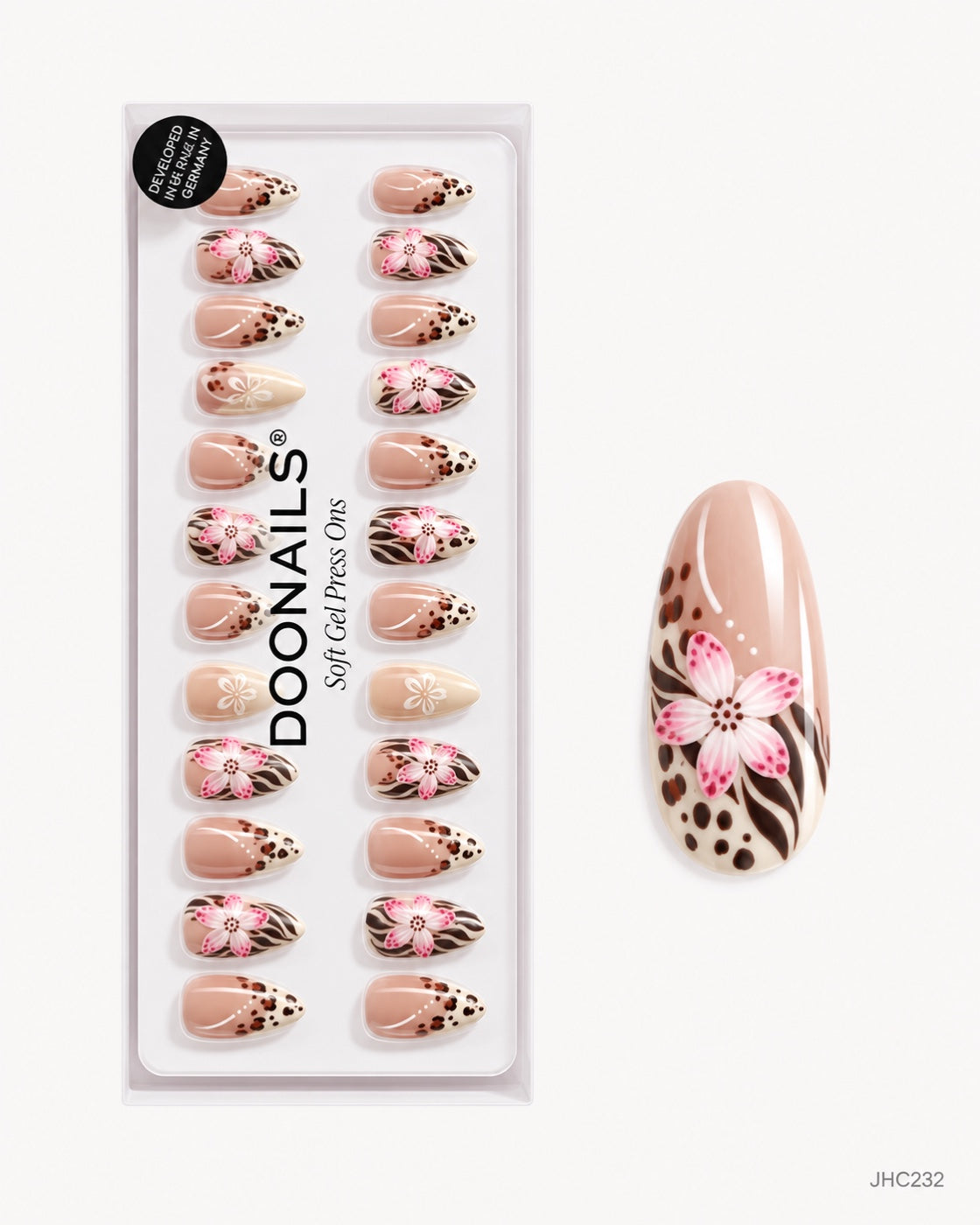 Leopard & rosa blommor – lång mandel – förpackning – JHC232