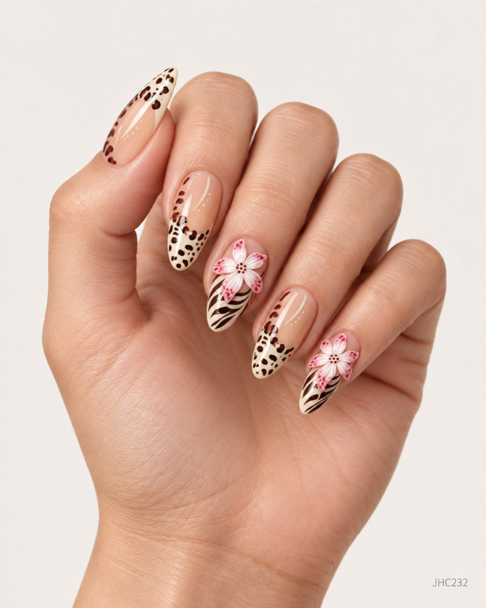 Leopard & rosa blommor – lång mandel – JHC232