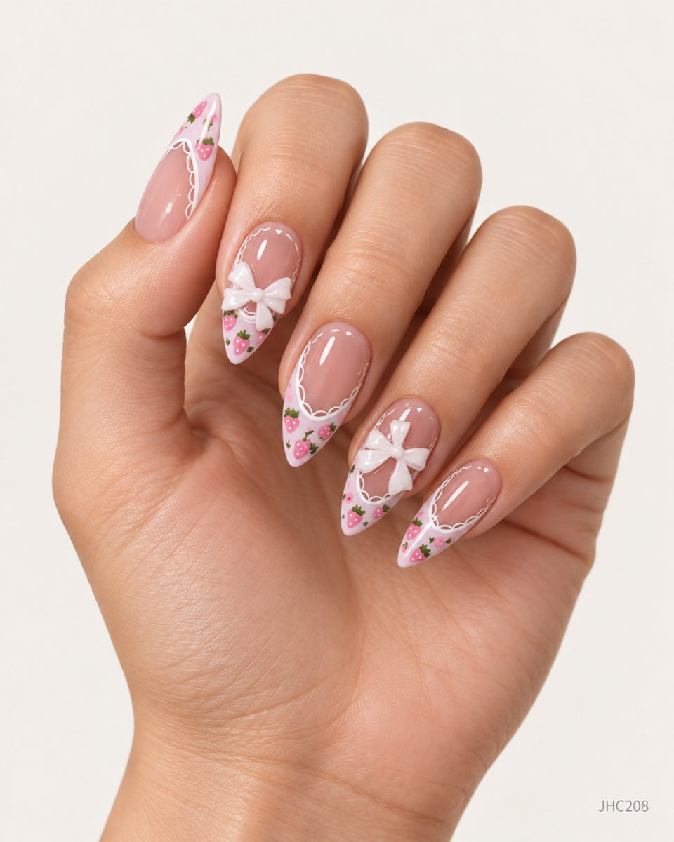 Blomster & vita rosetter – Lång mandel – JHC208